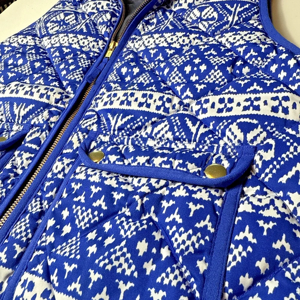 Women's J. Crew Blue Fair Isle Down Puffer Vest Size Small PETITE Winter Holiday - Picture 2 of 9